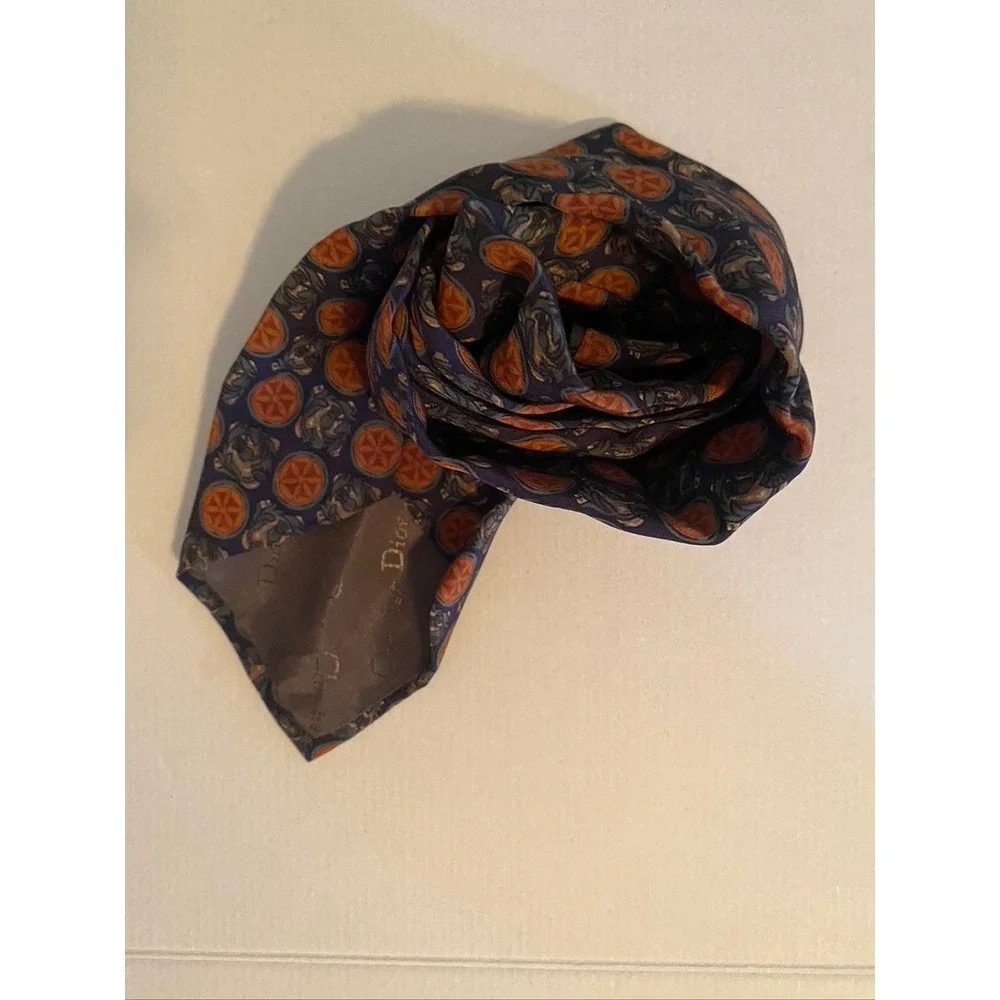 Christian Dior Monsieur Silk Tie Medallion Dragon Navy Blue Orange Geometric